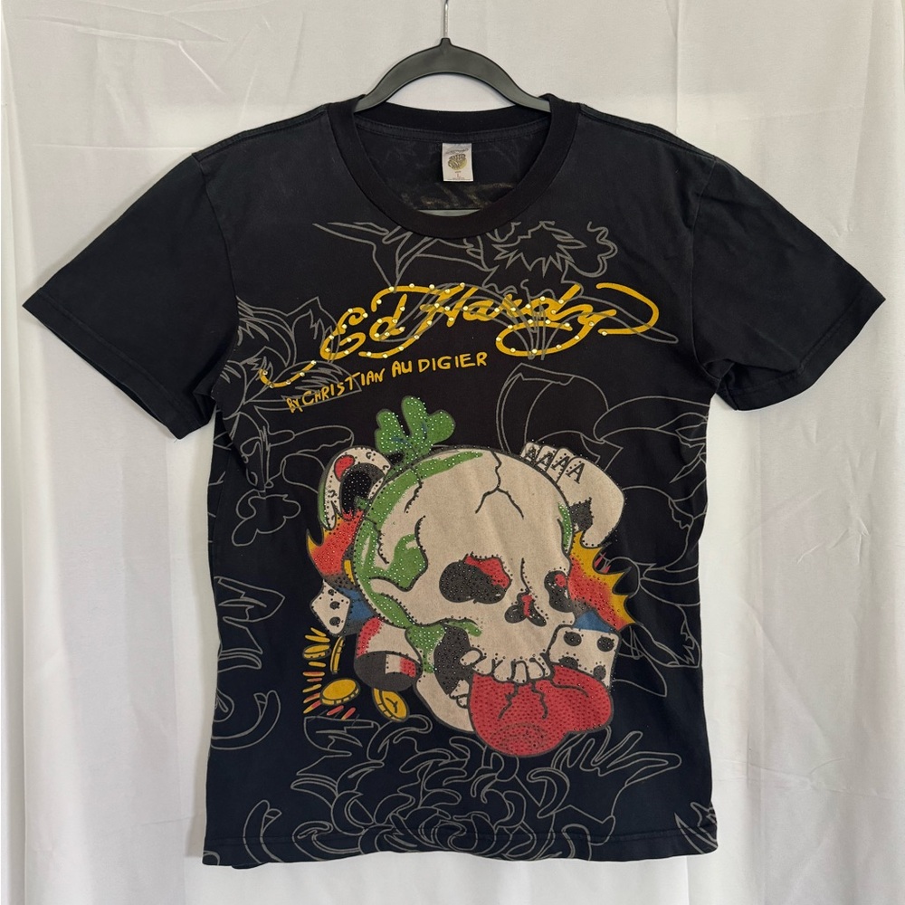 Ed Hardy Black Tee with Vibrant Skull Graphic with Rhinestones
